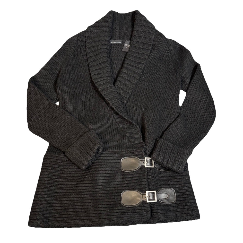 Moda International Sweater Womens Black Small Wool Wrap Shawl Collar Buckle Y2K